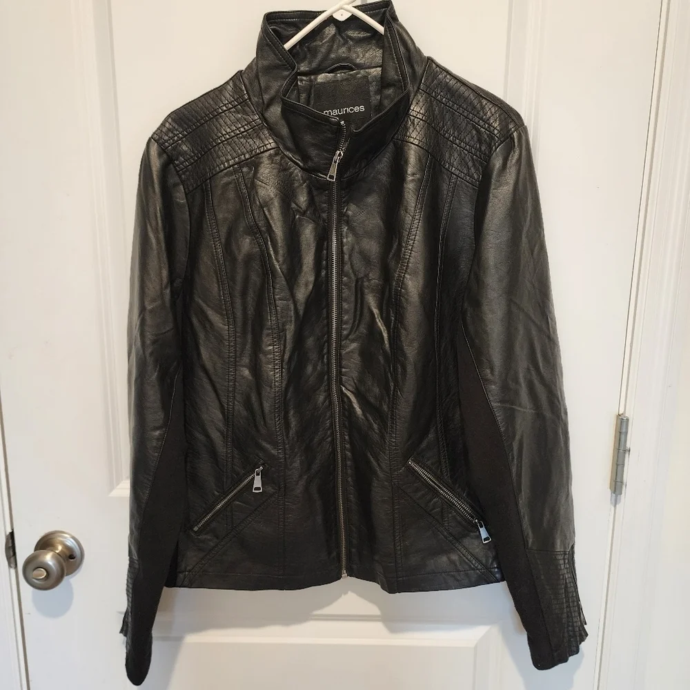 Maurices Faux Leather Jacket Black Moto Biker Knit Stretch Zippers Quilted 2X